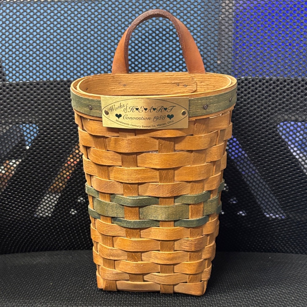 Works of Heart Convention 1988 Woven Basket with Leather Handle - Brown & Green